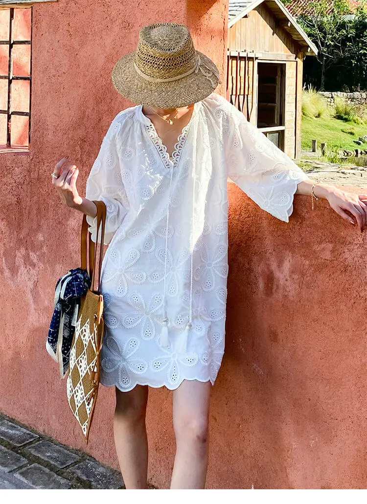 Cotton Embroidered Eyelet Tassel Loose Midi Dress 3/4 Sleeve Boho