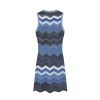 Elegant Blue Chevron Striped Knit Sleeveless Midi A Line Work Dress Skin-Friendly Cooling