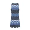 Elegant Blue Chevron Striped Knit Sleeveless Midi A Line Work Dress Skin-Friendly Cooling