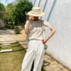 French Riviera Breathable Cotton Linen Ladder Stitch Wide Leg Trousers
