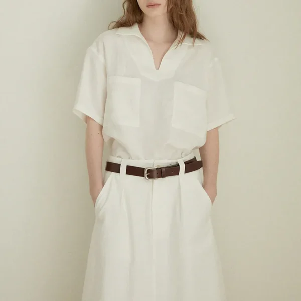 Minimalist Breathable Pure Linen V Neck Short Sleeve Shirt