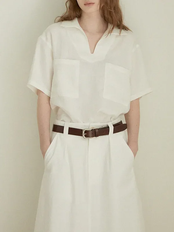 Minimalist Breathable Pure Linen V Neck Short Sleeve Shirt