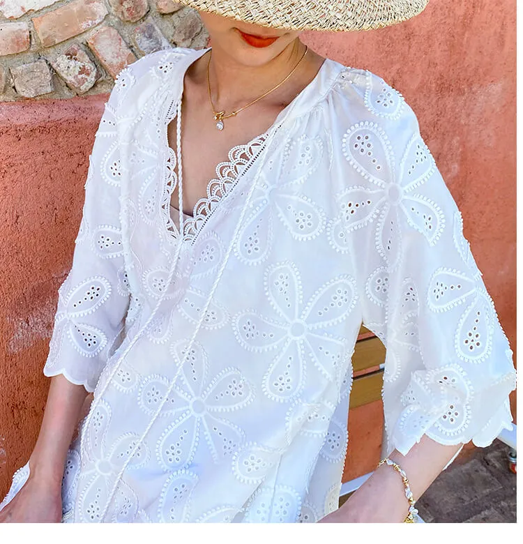 Cotton Embroidered Eyelet Tassel Loose Midi Dress 3/4 Sleeve Boho