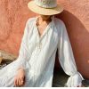 French Tencel Linen Dress Long Puff Sleeve V-Neck Midi Loose