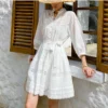 French Riviera Breathable Pure Cotton Broderie Anglaise Mini Shirt Dress