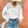 French White Cotton Blouse Long Sleeve V Neck Embroidery Lace Ruffle
