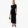 Elegant Womens Black Irregular Neck Wool Short Sleeve Knit Midi Dress