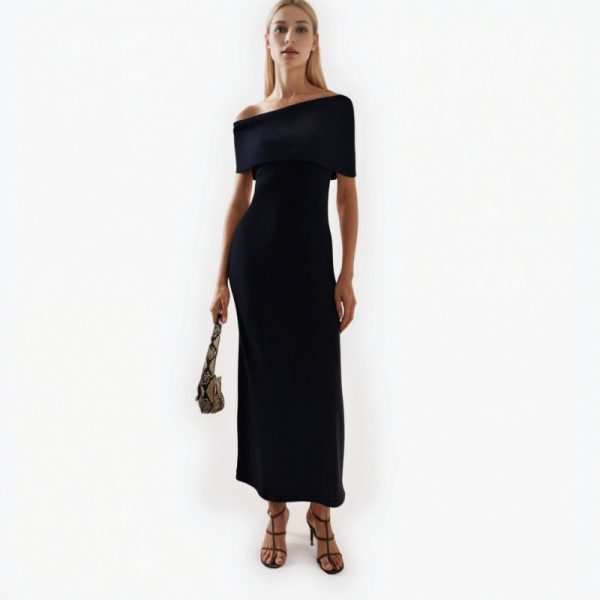 Elegant Womens Black Irregular Neck Wool Short Sleeve Knit Midi Dress
