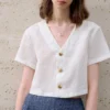 French Riviera Breathable Linen V Neck Cropped Short Sleeve Blouse