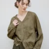 Minimalist Sustainable Linen V Neck Long Sleeve Cropped Shirt