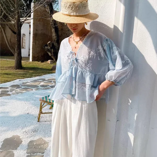 French Riviera Embroidered Cotton Blend Tie Front Blouse