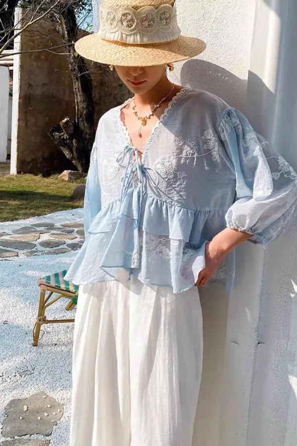 French Riviera Embroidered Cotton Blend Tie Front Blouse