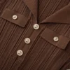 Dark Brown Collared Short Sleeve Knit Midi Dress Elegant Work Casual