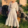 Women's Cotton Floral Embroidery Lace Ruffle Puff 3/4 Sleeve Top Skirt Set