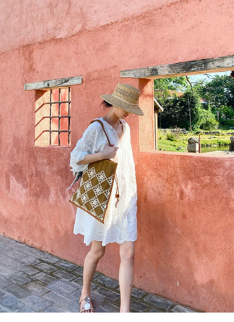 Cotton Embroidered Eyelet Tassel Loose Midi Dress 3/4 Sleeve Boho