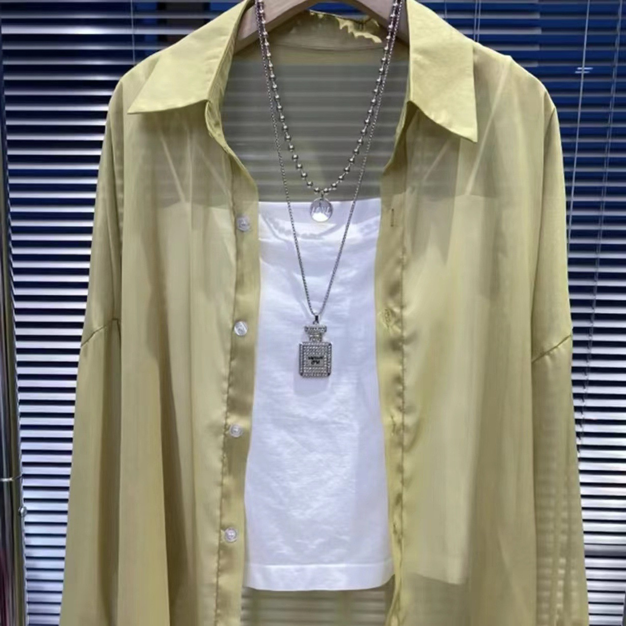 Women's Shimmer Sheer Long Sleeve Loose Polo Collar Patchwork Blouse