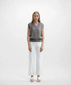 Timeless Linen Cotton Pointelle Knit V Neck Sleeveless Vest