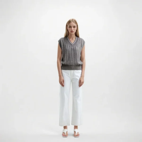 Timeless Linen Cotton Pointelle Knit V Neck Sleeveless Vest