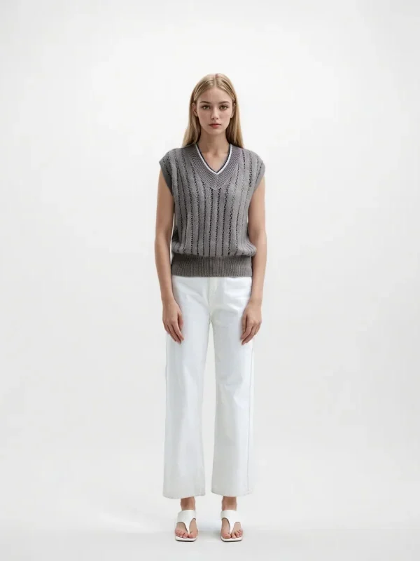 Timeless Linen Cotton Pointelle Knit V Neck Sleeveless Vest