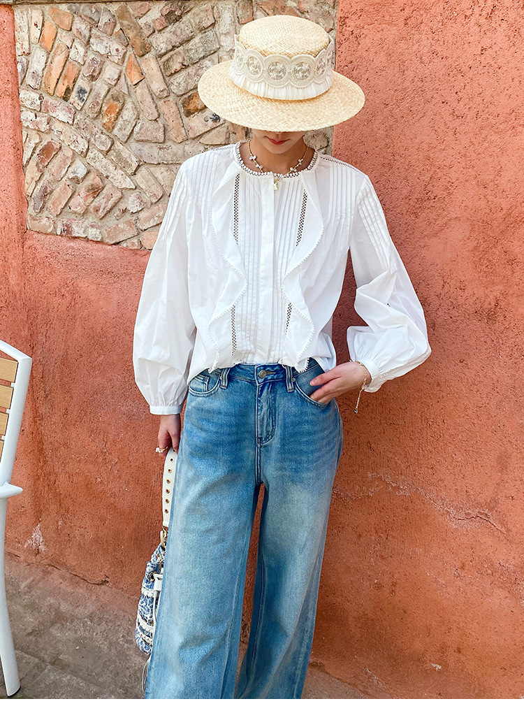 Women's French White Cotton Pleated Long Sleeve Shirt