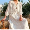 Bohemian Cotton Embroidered Floral V-neck 3/4 Hollow Out Top Midi Skirt