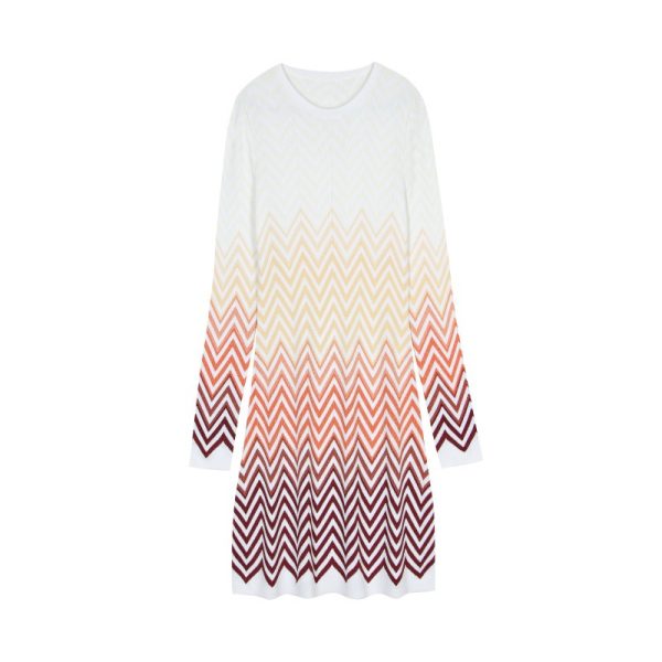 Elegant Ombre Chevron Long Sleeve Crew Neck A Line Knit Mini Dress Skin-Friendly Cooling
