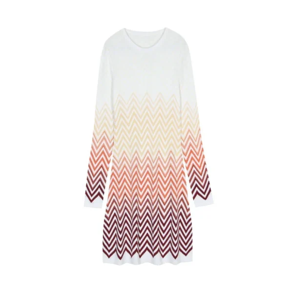 Elegant Ombre Chevron Long Sleeve Crew Neck A Line Knit Mini Dress Skin-Friendly Cooling