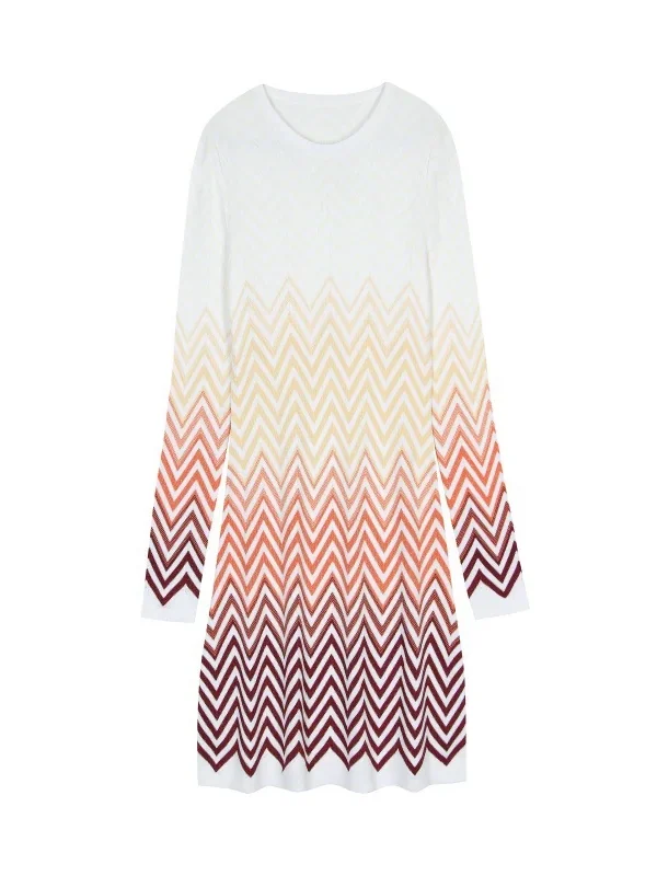 Elegant Ombre Chevron Long Sleeve Crew Neck A Line Knit Mini Dress Skin-Friendly Cooling