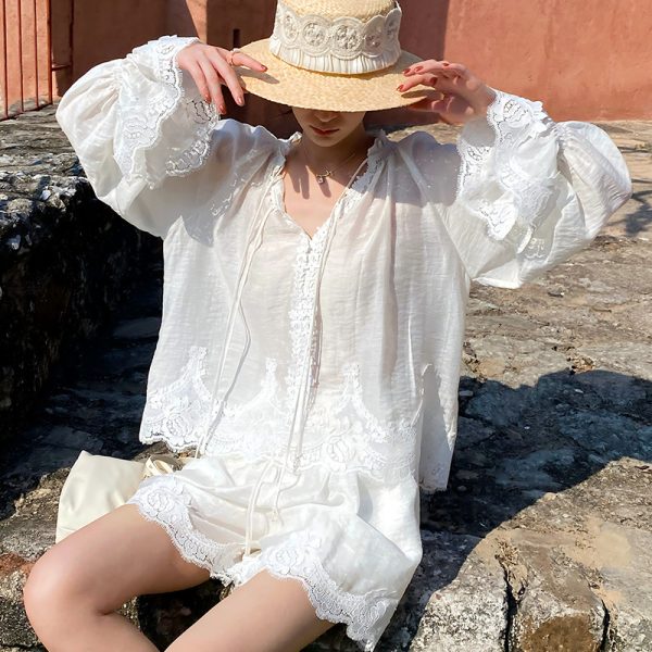 Elegant Tencel Long Sleeve V-neck Lace Splicing Tie Floral Shirt