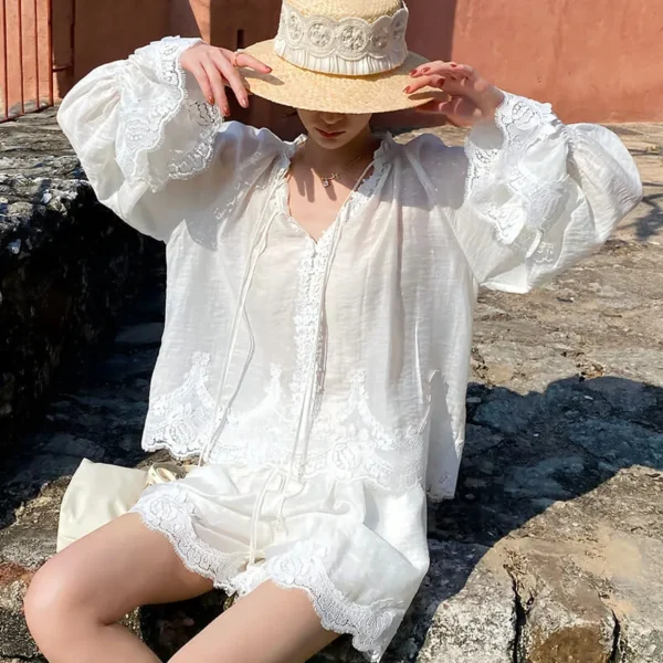 Elegant Tencel Long Sleeve V-neck Lace Splicing Tie Floral Shirt