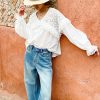 French White Cotton Blouse Long Sleeve V Neck Embroidery Lace Ruffle