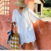 Cotton Embroidered Eyelet Tassel Loose Midi Dress 3/4 Sleeve Boho