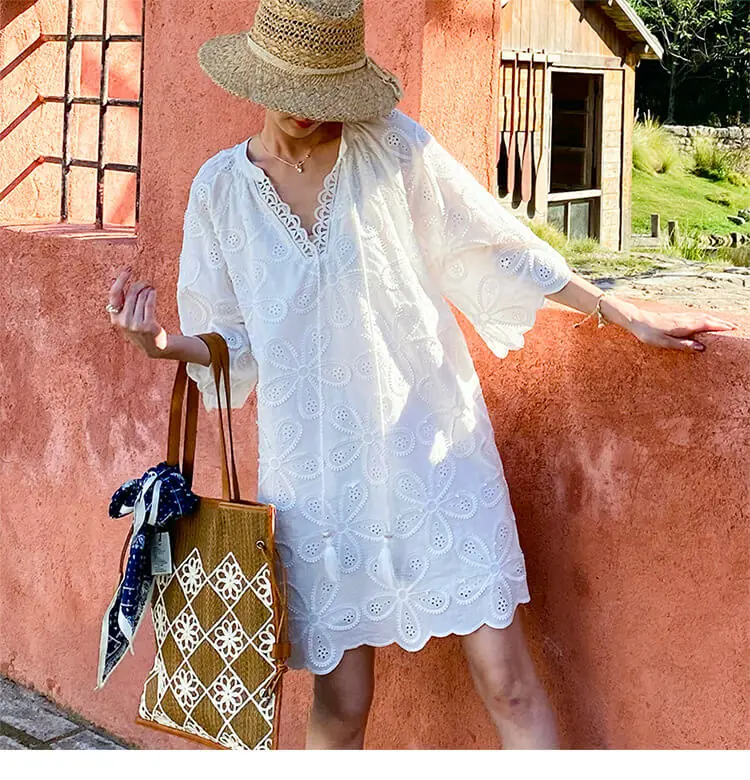 Cotton Embroidered Eyelet Tassel Loose Midi Dress 3/4 Sleeve Boho