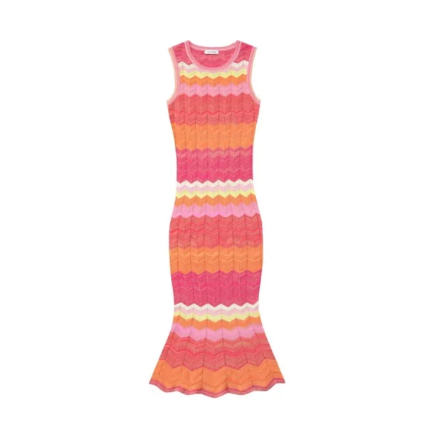 Elegant Sleeveless Round Neck Wavy Stripe Midi Knit Fishtail Dress Skin-Friendly Cooling