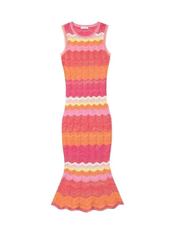 Elegant Sleeveless Round Neck Wavy Stripe Midi Knit Fishtail Dress Skin-Friendly Cooling