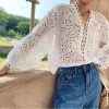 Women's French Cotton LS V-Neck Embroidery Hollow Out Loose Fit