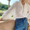 Women's French Cotton LS V-Neck Embroidery Hollow Out Loose Fit