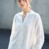 Minimalist Breathable Linen V Neck Long Sleeve Blouse