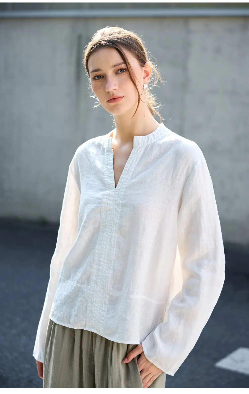 Minimalist Breathable Linen V Neck Long Sleeve Blouse