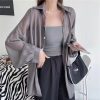 Women's Shimmer Sheer Long Sleeve Loose Polo Collar Patchwork Blouse