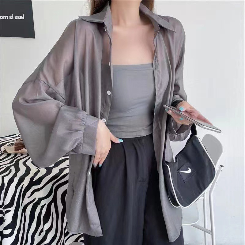 Women's Shimmer Sheer Long Sleeve Loose Polo Collar Patchwork Blouse