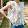 Womens Resort Floral Embroidered Blouse V Neck KimonoSleeve TieUp