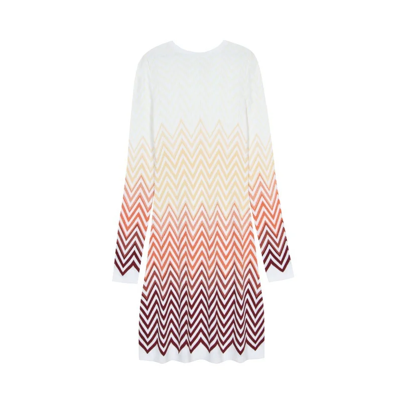 Elegant Ombre Chevron Long Sleeve Crew Neck A Line Knit Mini Dress Skin-Friendly Cooling