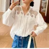 French Riviera White Cotton Broderie Anglaise Long Sleeve Blouse