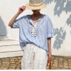 Women's Resort Striped Linen Mix Short Sleeve Loose V Neck Shirt Lace Tassel