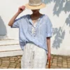 Women's Resort Striped Linen Mix Short Sleeve Loose V Neck Shirt Lace Tassel