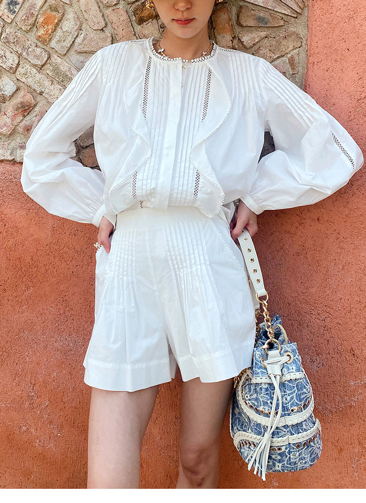 Women's French White Cotton Pleated Long Sleeve Shirt