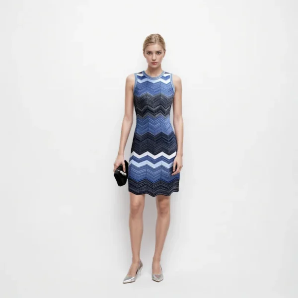 Elegant Blue Chevron Striped Knit Sleeveless Midi A Line Work Dress Skin-Friendly Cooling