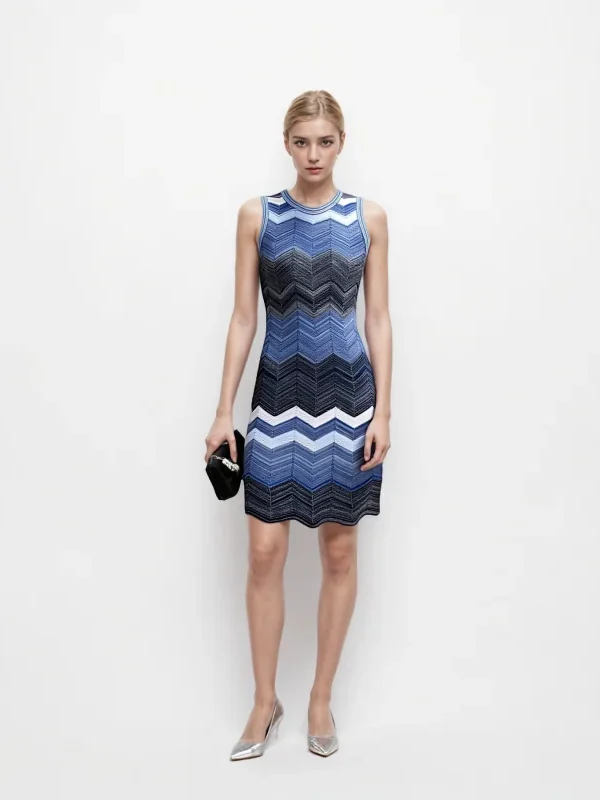 Elegant Blue Chevron Striped Knit Sleeveless Midi A Line Work Dress Skin-Friendly Cooling