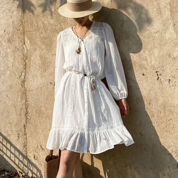 French Riviera Breathable Cotton Broderie Anglaise Midi Shirt Dress